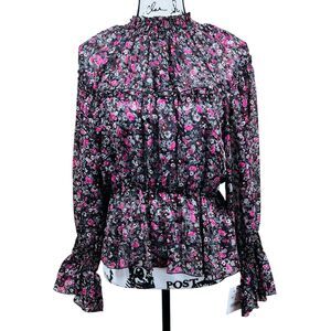 Zara black blouse Floral print Long sleeve peplum top boho romantic size M